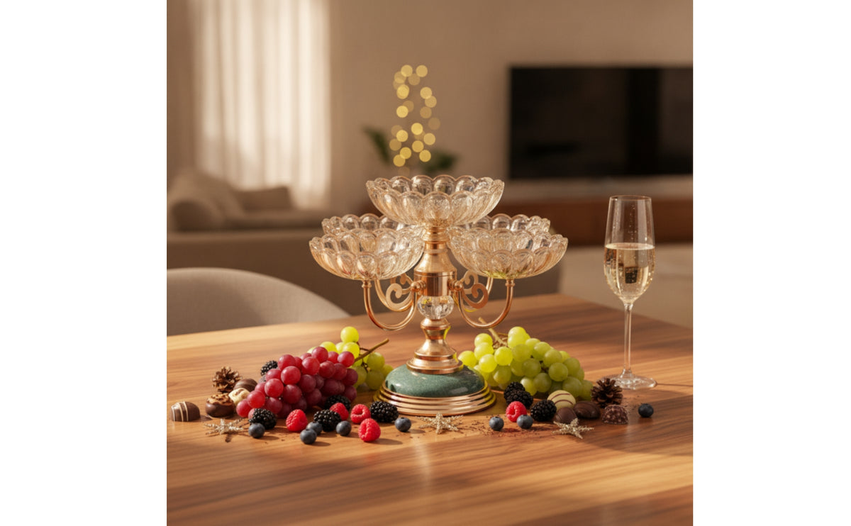 Tiered Glass Fruit Bowl Decorative Multi-Bowl Serving Stand Gold-Tone Tiered Platter for Hosts, Homeowners, Coffee Table, Tea Time, Holiday Gatherings