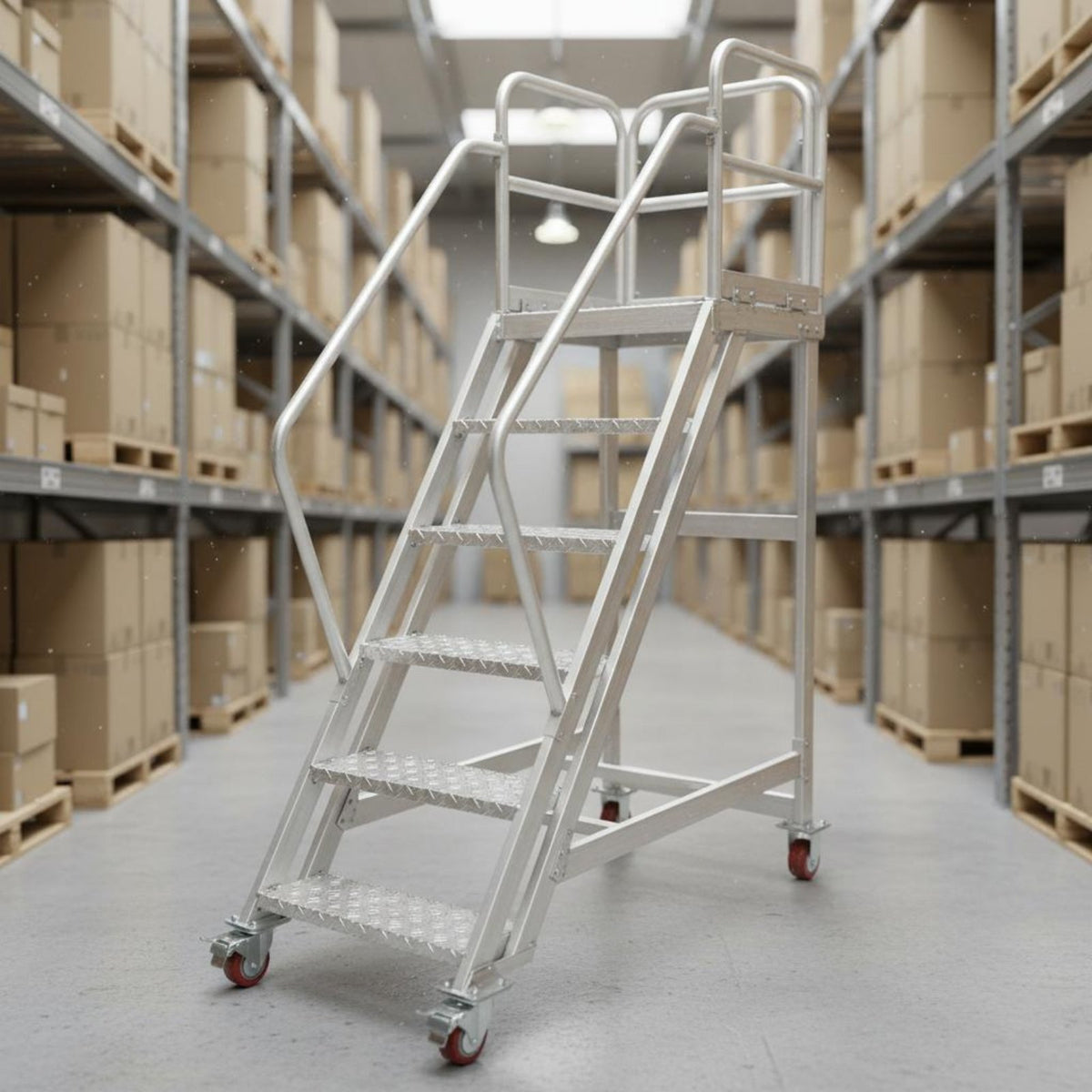 Mobile Workstation Ladder Locking Casters Aluminum Warehouse Ladder Heavy Duty Rolling Steps for Workshop, Stockroom