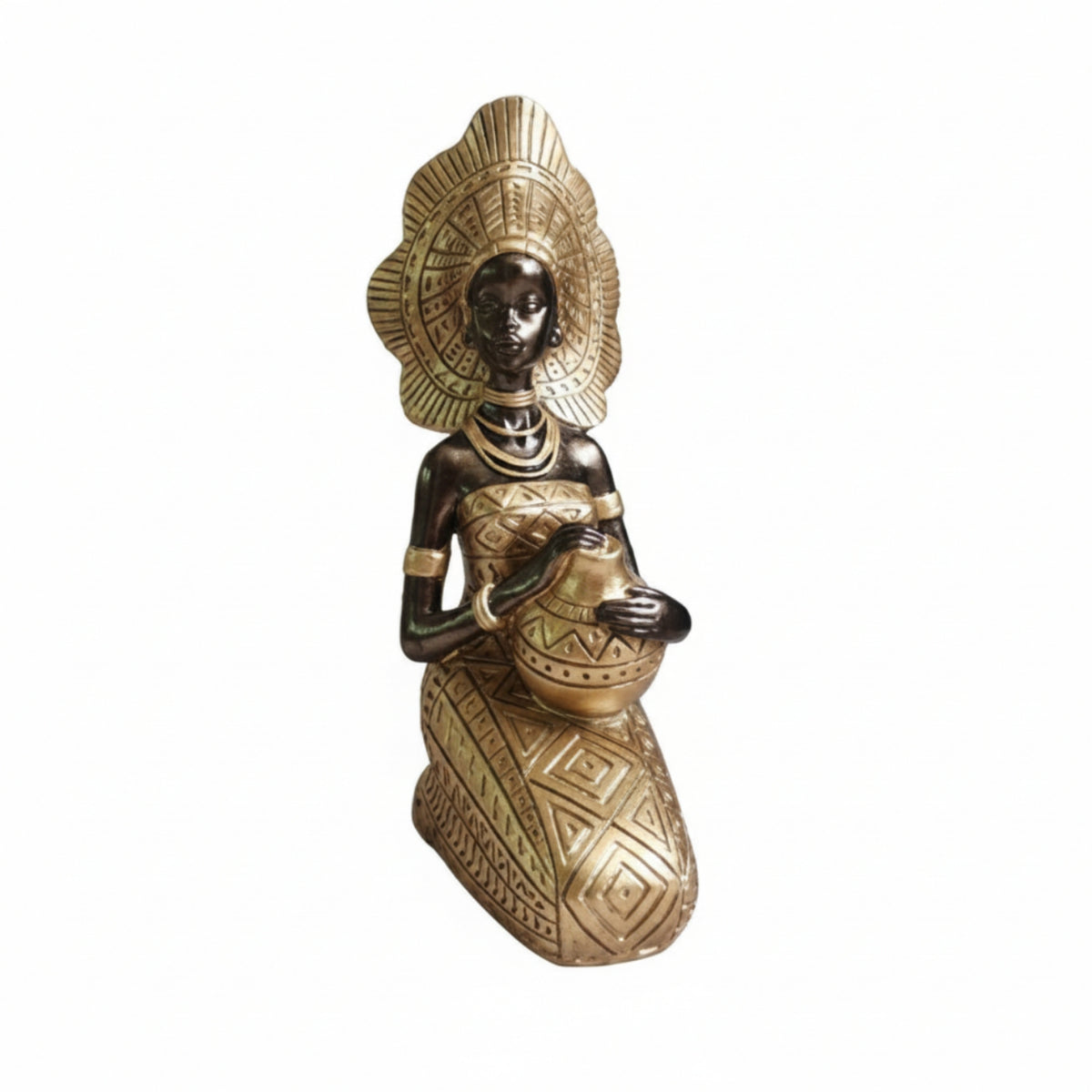 Kneeling Woman Figurine with Bowl Gilded Female Figure with Jar Handcrafted-Look Resin Statue for Art Collectors, Tabletop, Display Shelf