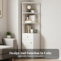 Space-Saving Design Corner Shelf Unit with Drawers Freestanding Multi-Tier Corner Bookcase Small Footprint Storage Cabinet Enclosed Compartments for Apartment Dwellers, Homeowners, Office Workers, Study Room, Bedroom