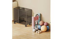 Two-Tier Fitness Storage Rack Caster Wheels Mesh Storage Carrier uncoveredTop Sports Equipment Organizer Heavy-Duty Steel for Home Gym