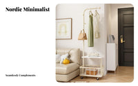 Double Layer Coat Stand Rolling Storage Basket Space Saving for Entryway