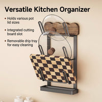 Pot Lid Holder, Carbon Steel Pan Organiser, Wall-Mounted Vintage Walnut Wood for Kitchen Cabinet, 35.5cm x 16.5cm