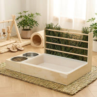 Hay Feeder with Food Bowls and 5 Slots, Wooden Guinea Pig Feeder and Hamster Feeder, Small Pet Feeder Rack with Tray for Pet Care and Less Waste