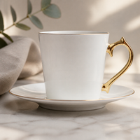 Bone China Coffee Cup and Saucer Set with Gold Rim, Customizable Logo, Ceramic Teacup for Cafe