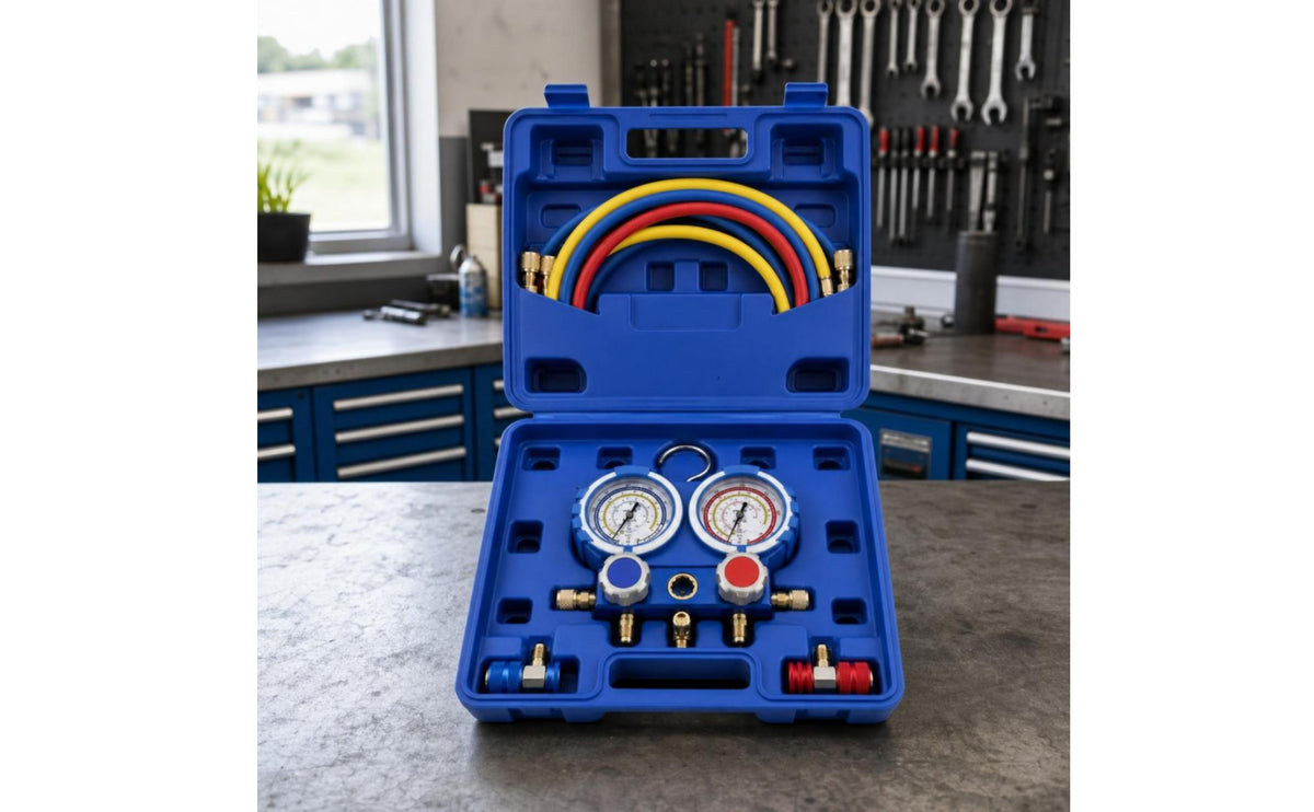 Color-Coded 3-Way Manifold Gauge Set Portable Refrigerant Charging Manifold Sturdy Air Conditioning Recharge Kit Easy-to-Read for Mechanics