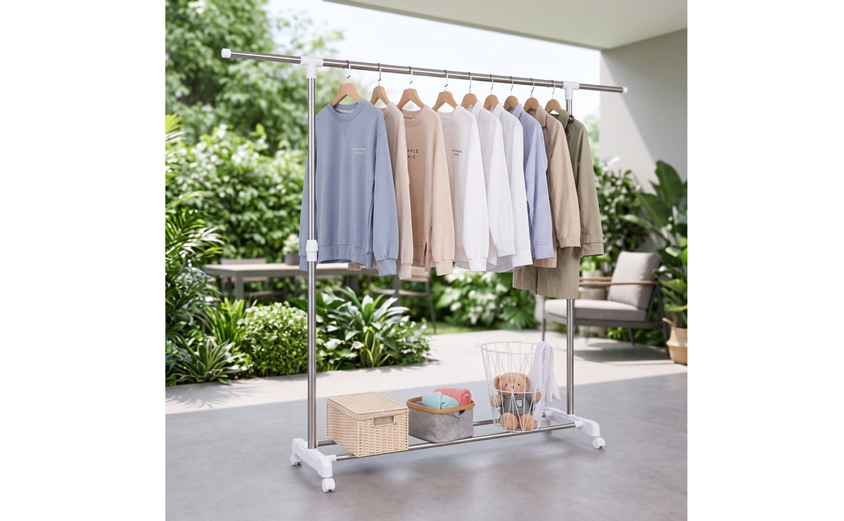 Adjustable Height Clothes Drying Rack with Wheels Freestanding Rolling Clothes Rack Portable Furniture Compact for Apartment