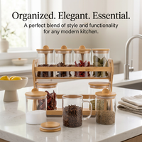 Bamboo Spice Rack with Glass Jars, Kitchen Countertop Organizer, Modern Minimalist Seasoning Holder, Tabletop Storage Rack No Drill
