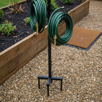 Decorative Detachable Hose Storage Stand Stable 4-Prong Base Metal Garden Hose Rack Double-Sided Hooks for Gardeners, Homeowners, Patio