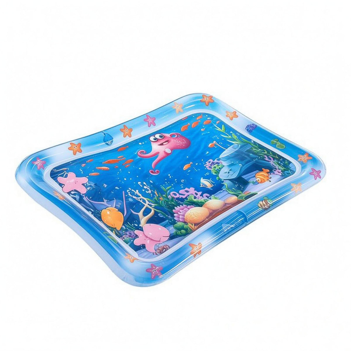 Sealed Chamber Baby Water Play Mat Raised Border Inflatable Tummy Time Water Mat Transparent Blue Underwater Print