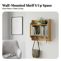 Nordic Design Exposed Shelving Unit With Hooks Wall-Mounted Cubby Shelf Space-Saving Bookshelf Multifunctional for Homeowners, Students, Office Workers, Living Room, Bedroom