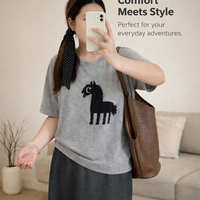 Women's Short Sleeve Jumpers with Jacquard Horse Pattern for Spring, Plus Size Knit Sweater in 45-Count Wool Blend Textile, Casual Ladies Tops UK