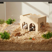 Chew Resistant Wooden Hamster House Flat Top Design Two-Door Pet Hideout Easy Assembly Enclosure Accessory for Hamsters, Chinchillas, Playpen
