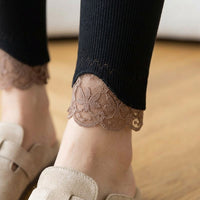 Thermal Leggings for Women with Fleece Lining for Winter Cold Weather, Soft Blend with Lace Trim Detail, Elastic Waistband