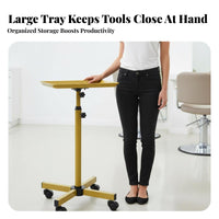 Golden Finish Wheeled Service Tray Rolling Wheels Adjustable Tray Stand Sturdy Construction Salon Equipment Easy to Clean for Hairstylists, Hair Stylists Artists, Barbershop, Beauty Spa, Medical Facility, Home Use