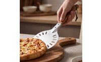 Perforated Pizza Peel with Wooden Handle Anodized Pizza Tuner Transfer with Long Handle Lightweight for Home Cooks, Outdoor Cooking