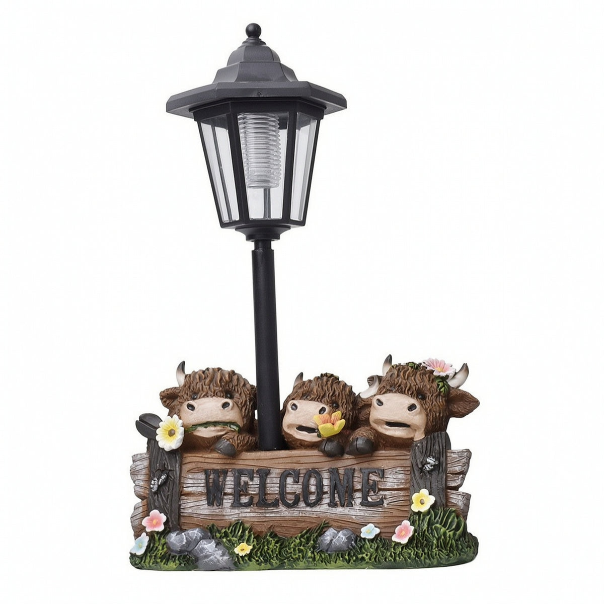Solar Statue with Moorland Cows Outdoor Yard Sculpture Farmhouse Patio Decoration for Gardeners, Porch