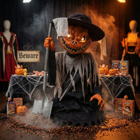 Pumpkin Scarecrow Electric Scarecrow with Light-up Halloween Prop for Yard, Porch