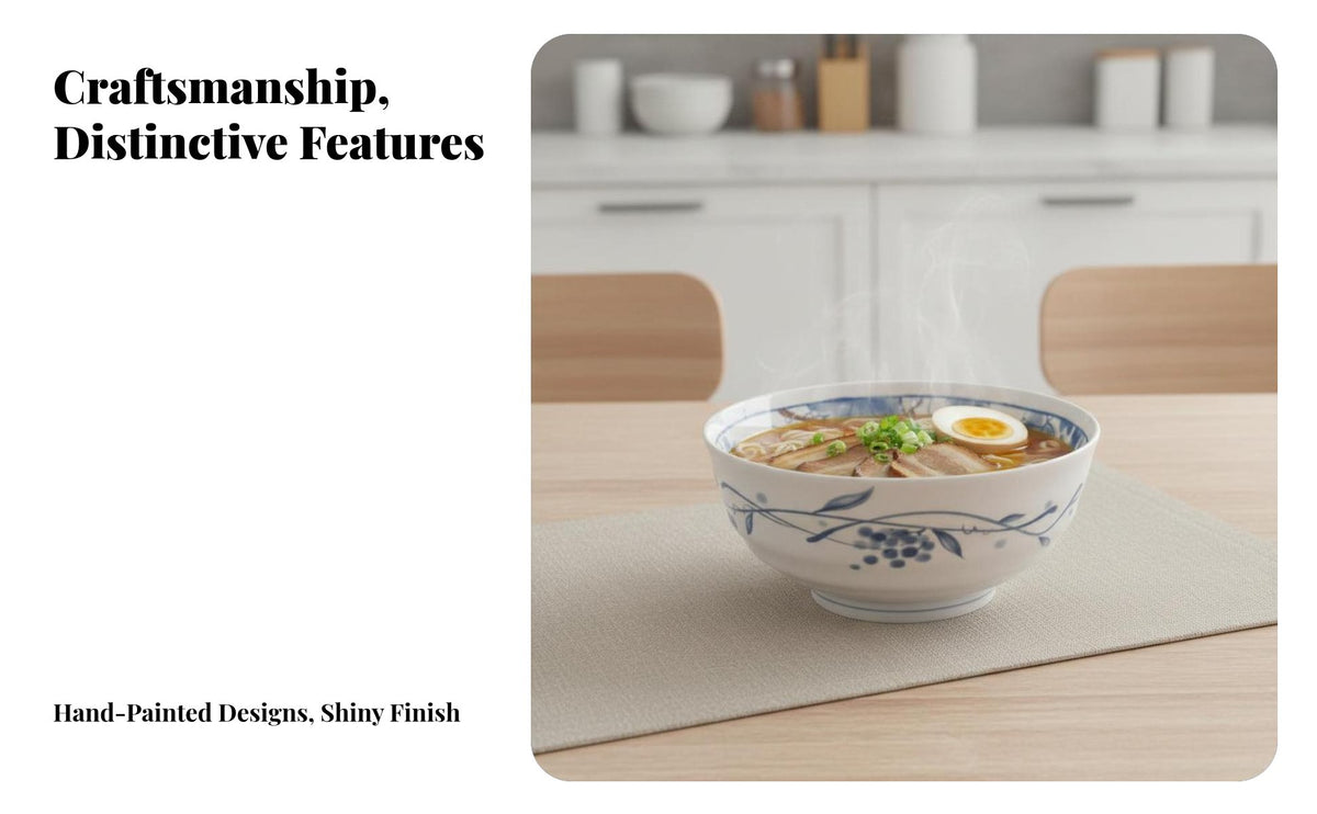 Ceramic Dinnerware Set, Navy & Cream Porcelain, Vintage Hand-Painted Bowls & Plates, Oriental Design
