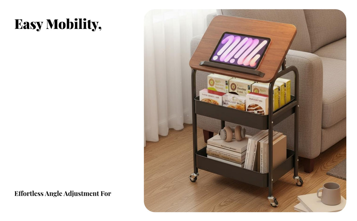 Rolling Bedside Table Multi-Functional Rolling Nightstand Space-Saving Sofa Side Cart with Tilting Top for Homeowners, Bedroom, Kitchen, Washroom