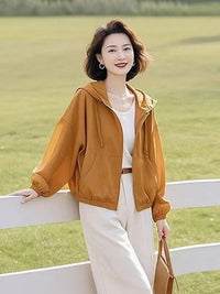 Women's Hooded Cropped Sun Protection Jacket Lightweight Loose Casual Coat