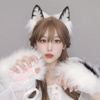 Cute Plush Animal Ear Headband Fingerless Gloves Tail Cosplay Accessory Set