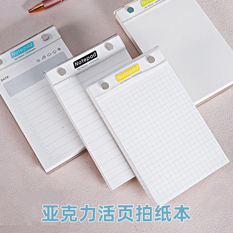 Acrylic Hardcover Tear-Off Notepad with Clip, Portable Mini Notebook with Detachable Lined/Grid Pages