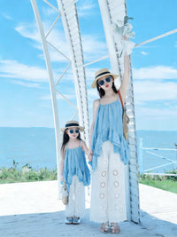 Mother-Daughter Matching Summer Beach Outfits - Blue Strappy Dress & White Hollow-Out Wide-Leg Pants