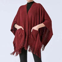 Women's Winter Faux Cashmere Poncho Shawl with Pockets