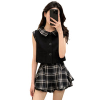 French Style Vest & Plaid Shorts Two-Piece Outfit