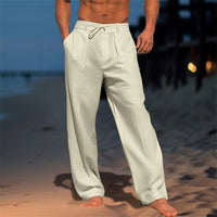 Men's Linen Beach Pants with Front Pockets, Solid Color, Breathable Casual Trousers for Summer Vacation