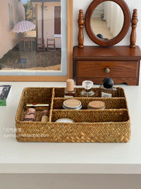 Handwoven Straw Divided Storage Basket for Desk and Tabletop Organization