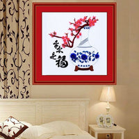 DIY Ribbon Embroidery Kit - "Peace and Blessing" Chinese Style Wall Hanging with Washable Printed Cotton Fabric