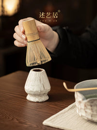 Shuyi Ju Handmade Carved Ceramic Matcha Bowl with Spout and Whisk Set
