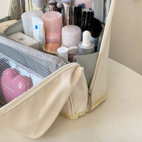 Portable Standing Mirror Makeup Bag with Compartments, Waterproof Travel Toiletry Organizer for Brushes and Cosmetics