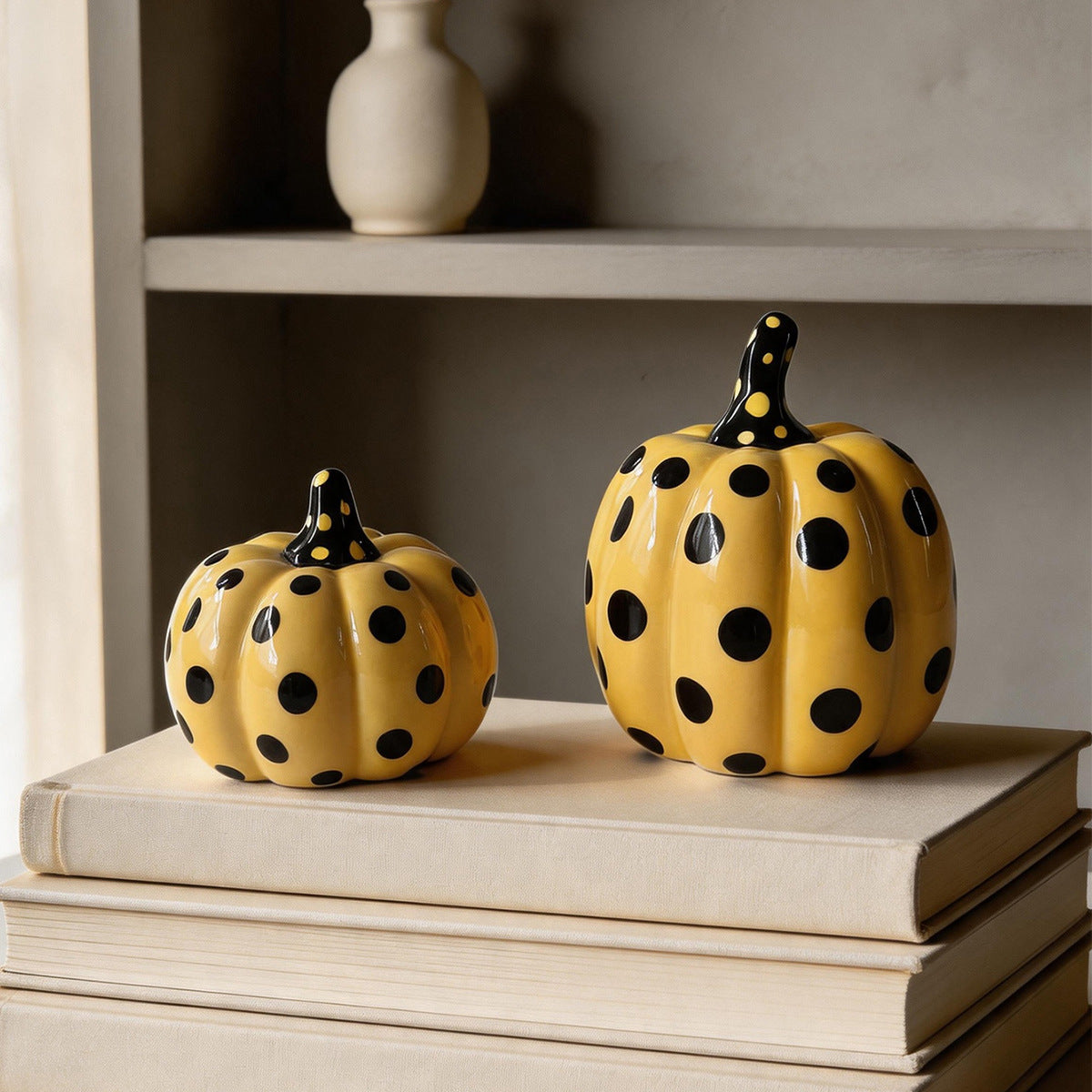 Polka Dot Ceramic Pumpkin Figurine for Halloween & Autumn Decor