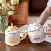 Cute Ceramic Mug with Lid, Spoon, and Straw - 400ml Cake Cup Design, Ideal Birthday Gift for Couples