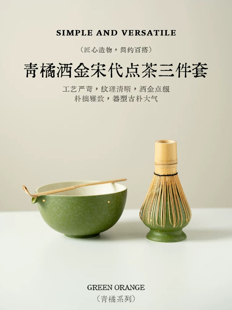 Handmade Ceramic Matcha Bowl Set with Gold Speckle Blue Finish