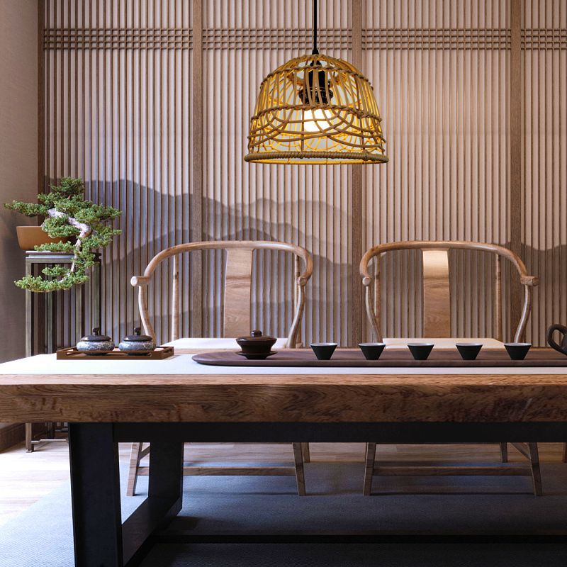 Handwoven Rattan Lampshade for Pendant Light, American Style Decorative Shade for Teahouse Study