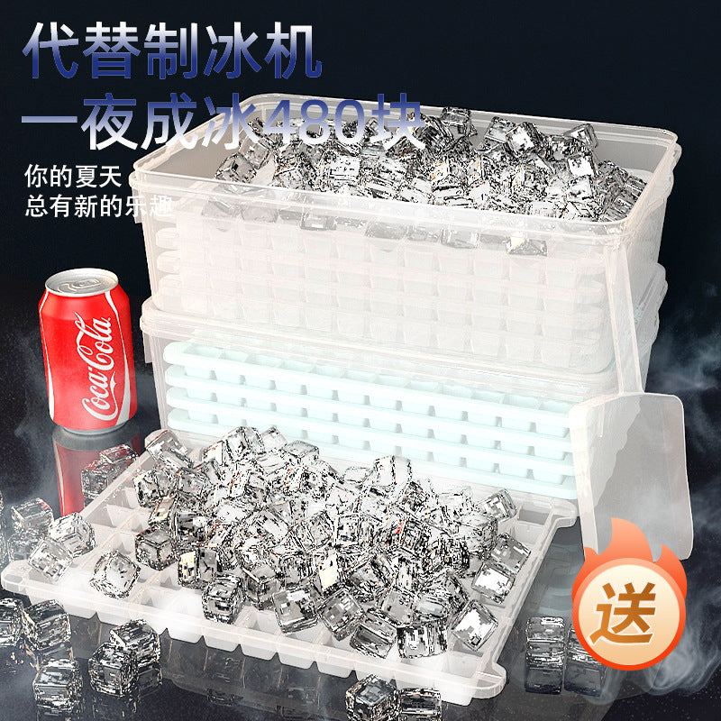 Stackable Ice Cube Tray with Storage Bin and Scoop, Food-Grade Silicone Ice Maker for Freezer, Large Capacity