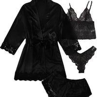 Women's Lace Pajama Set with Robe and Shorts, 4-Piece Sleepwear Loungewear