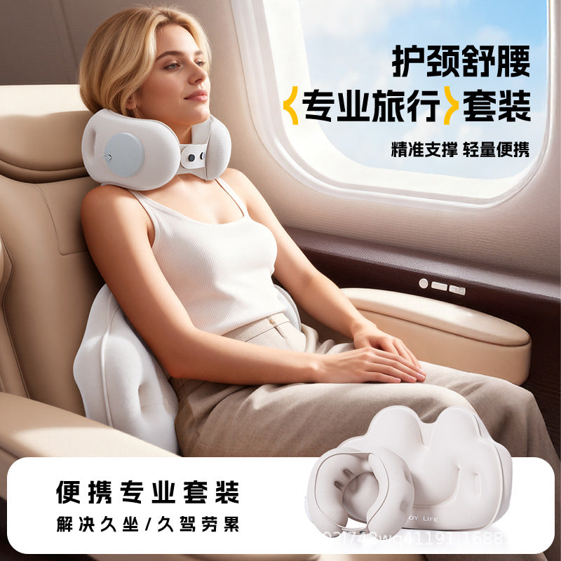 Inflatable U-Shaped Travel Pillow and Lumbar Support Set with Storage Bag