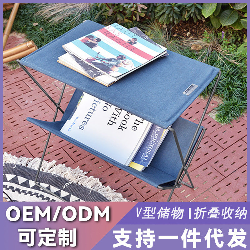 Japanese Style Foldable Coffee Table with Fabric Storage Rack and Side Cabinet