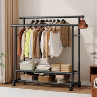 Foldable Double-Rod Garment Rack with Wheels for Indoor/Outdoor Use