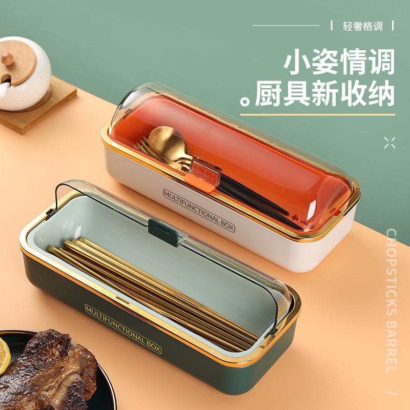 Luxury Dustproof Cutlery Storage Box with Lid and Drain for Kitchen Countertop