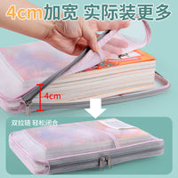 Thickened L-Shaped Mesh Zipper File Bag with Handle for Students, Large Capacity Document Organizer