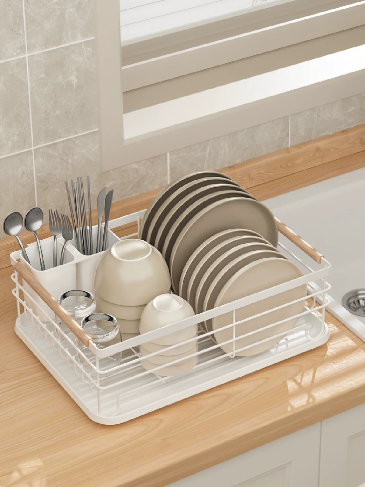 2-Tier Metal Dish Drying Rack with Drainboard for Kitchen Countertop