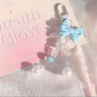 Maple Leaf Pearl Blue Bow Keychain for Bags and Phones