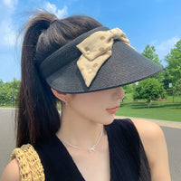 Pearl Polka Dot Bowknot Visor Sun Hat for Women, Outdoor Travel Beach Straw Hat