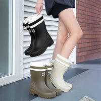 Women's Mid-Calf Rain Boots with Drawstring, Non-Slip Waterproof Rubber Shoes, Warm Lined